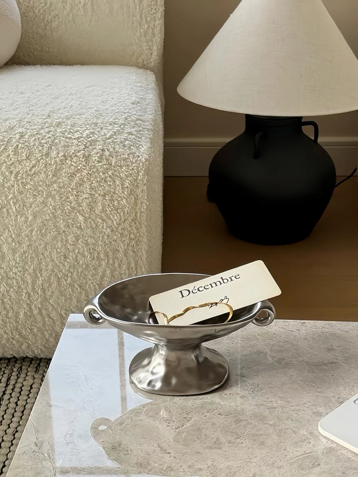 Silver Footed Ceramic Decorative Tray with Curled Handles – image 13