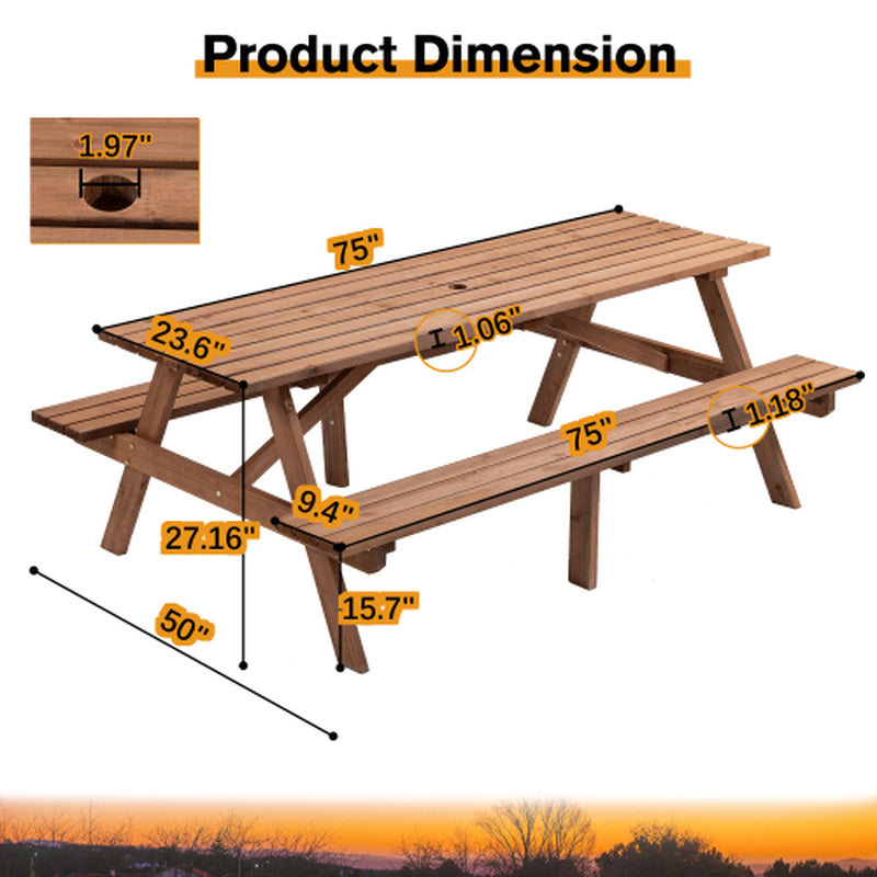 Wooden Picnic Table 75 in with 2 Built-In Benches, Umbrella Hole – image 13