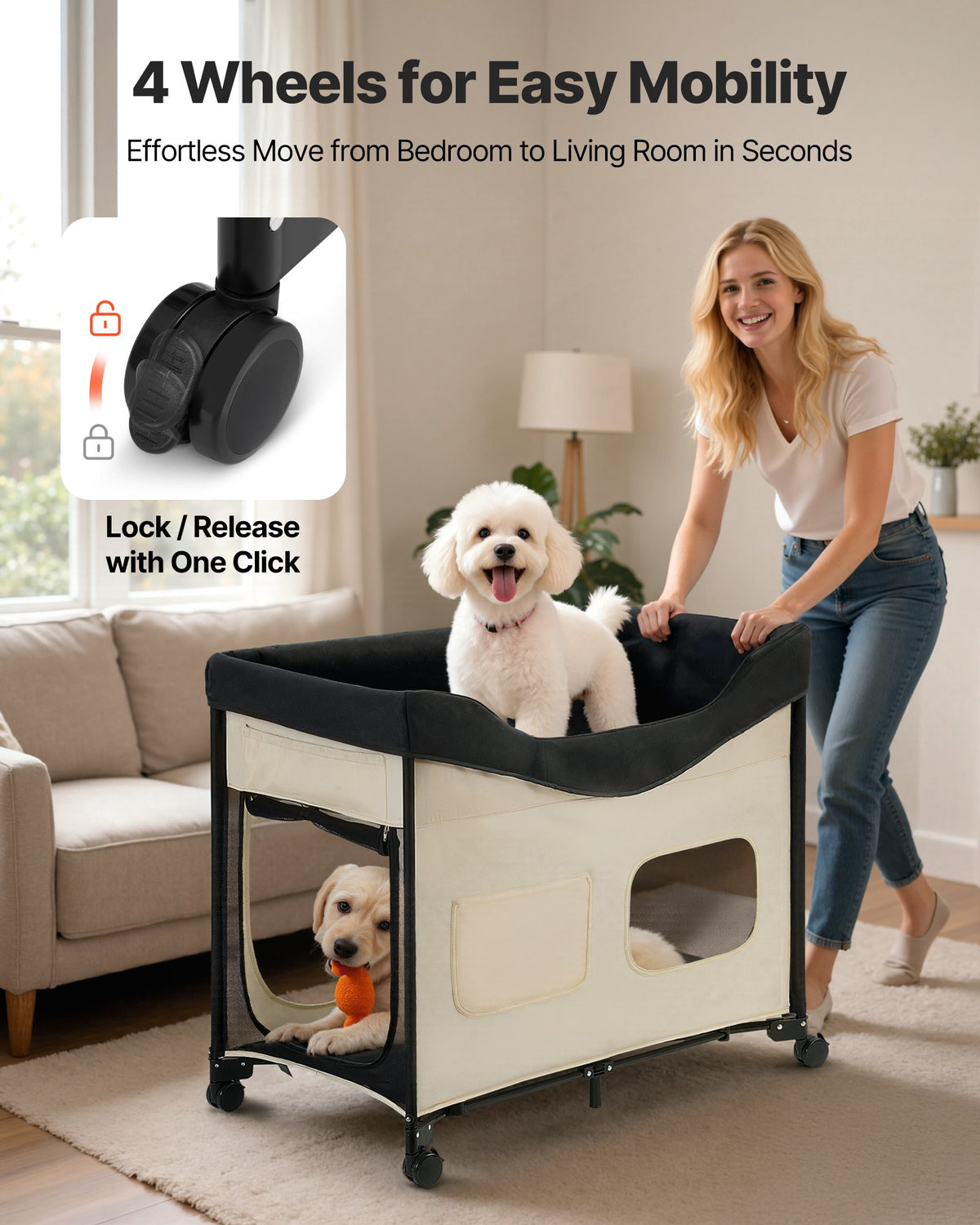 Bunk Dog Bed, Elevated Two-Level Pet Lounge with Wheels, XL Beige – image 6