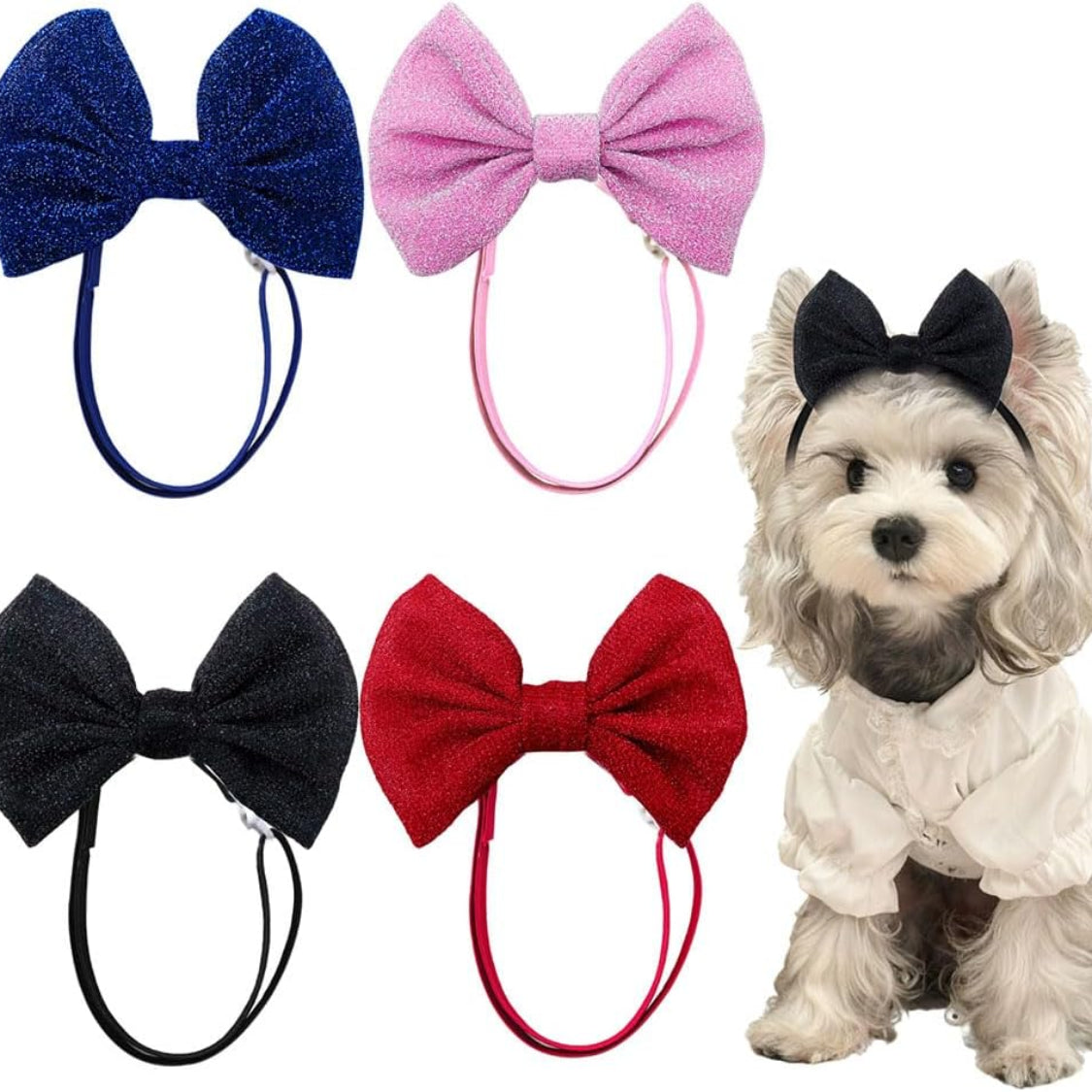 Dog Hair Bows, 4-Pack Adjustable Bow Headbands for Pets