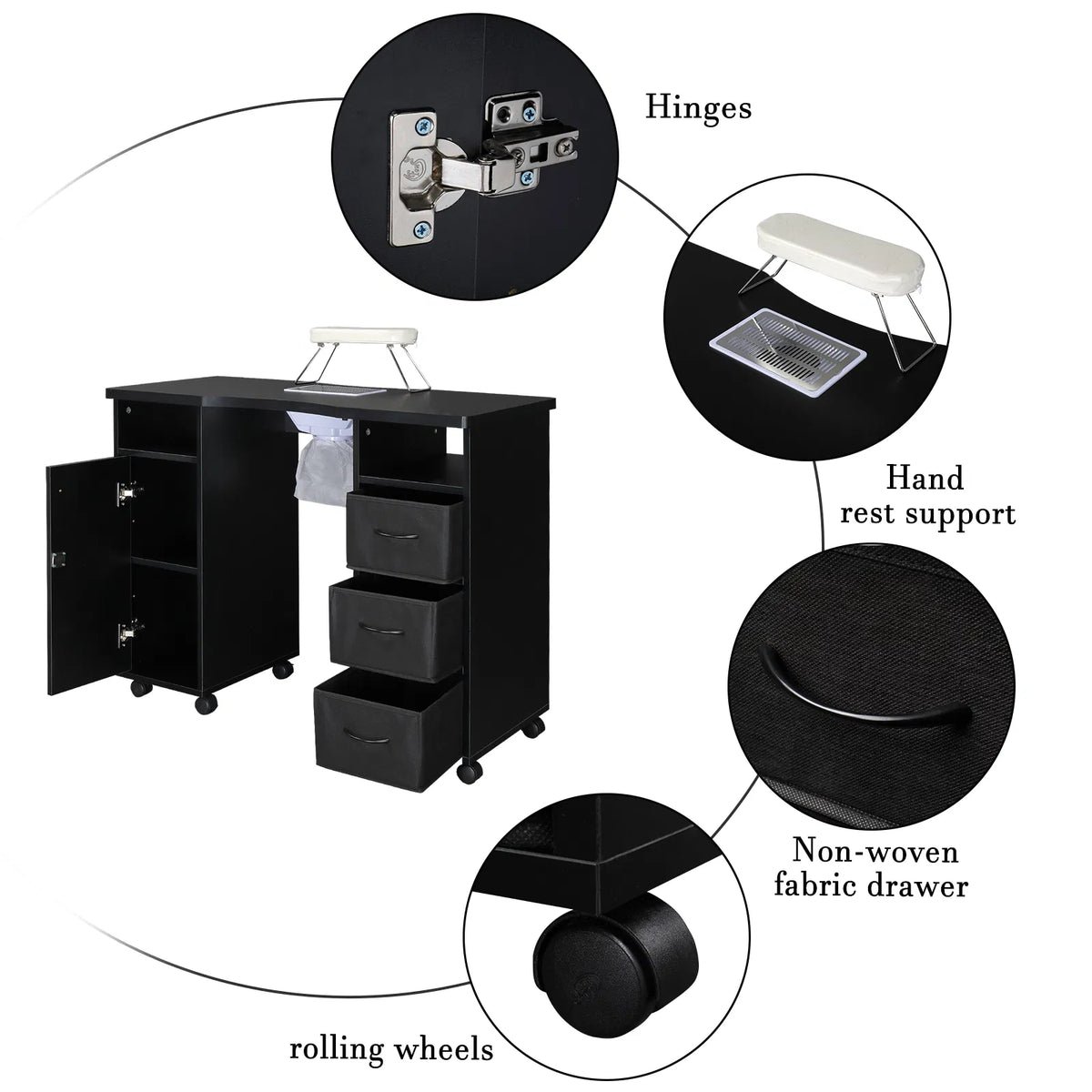 Rolling Manicure Table with Built-In Fan, Double Cabinet and 3 Drawers – image 8