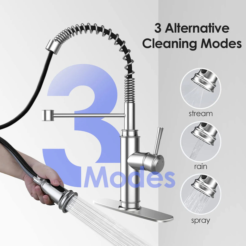 Spring Kitchen Sink Faucet, 3-Mode Pull-Down Sprayer, Brushed Nickel – image 3