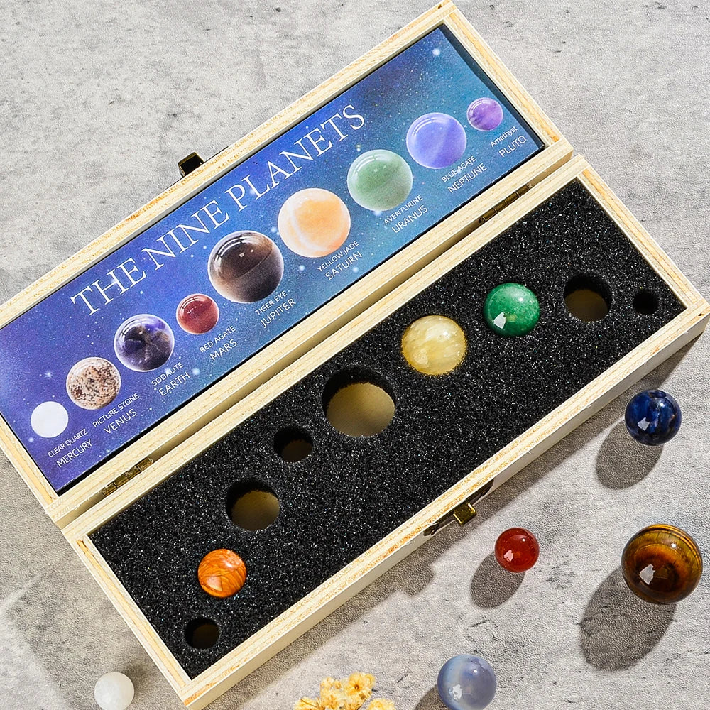 Solar System Crystal Ball Set - 9 Planet Gemstone Desk Decor