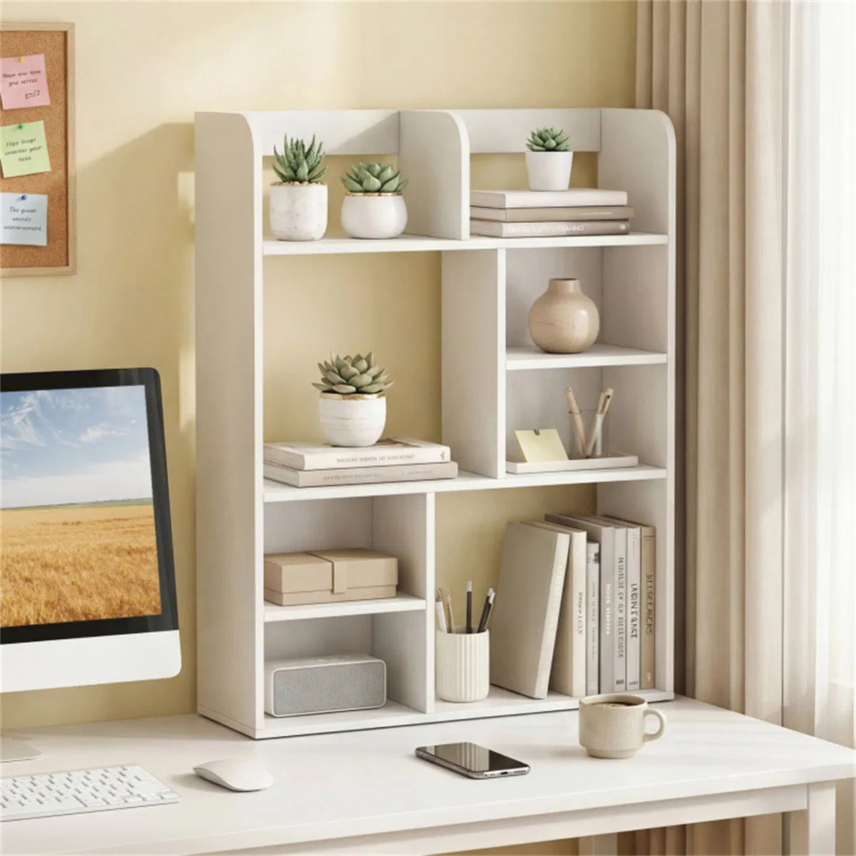 Vertical 8-Cube Desktop Storage Shelf, White Desk Organizer Hutch – image 6
