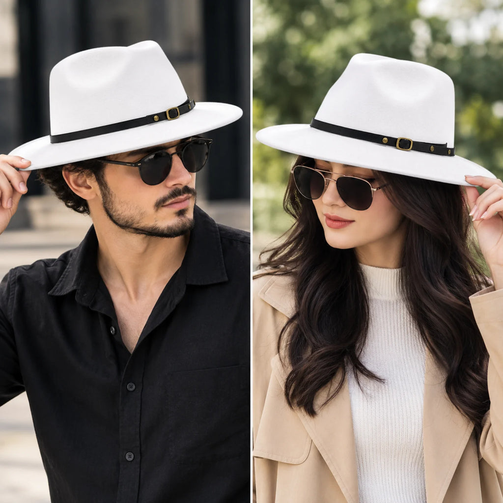 Wide Brim Fedora Hat – Black Faux Wool Panama Hat with Belt Band – image 4