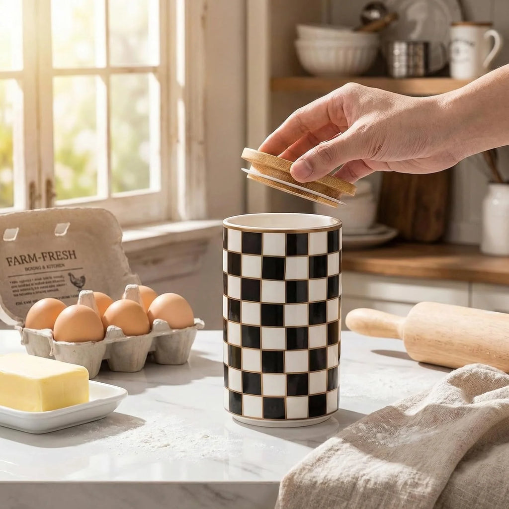 Ceramic Canister, Airtight 800 ml Kitchen Jar, Black Checkered – image 6