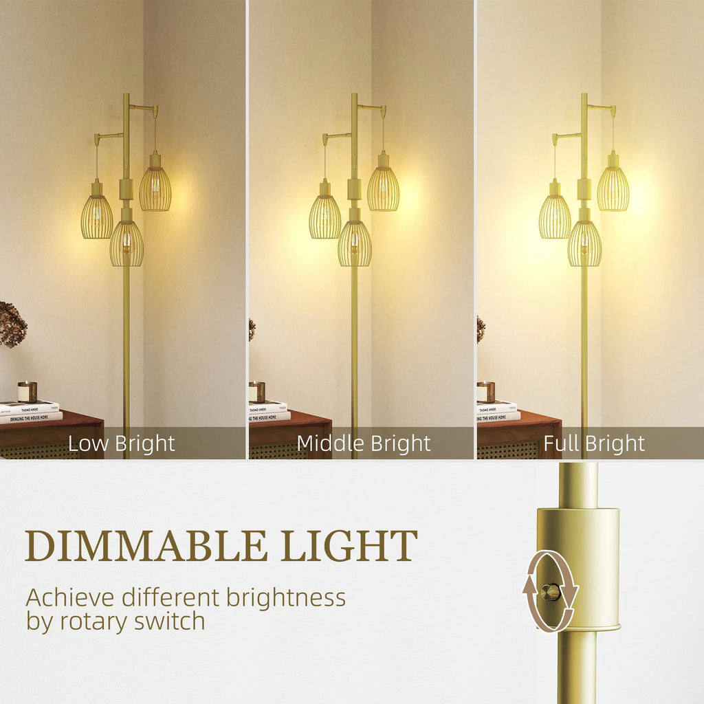 Industrial Floor Lamp with 3 Hanging Cage Shades, Dimmable, Gold – image 4