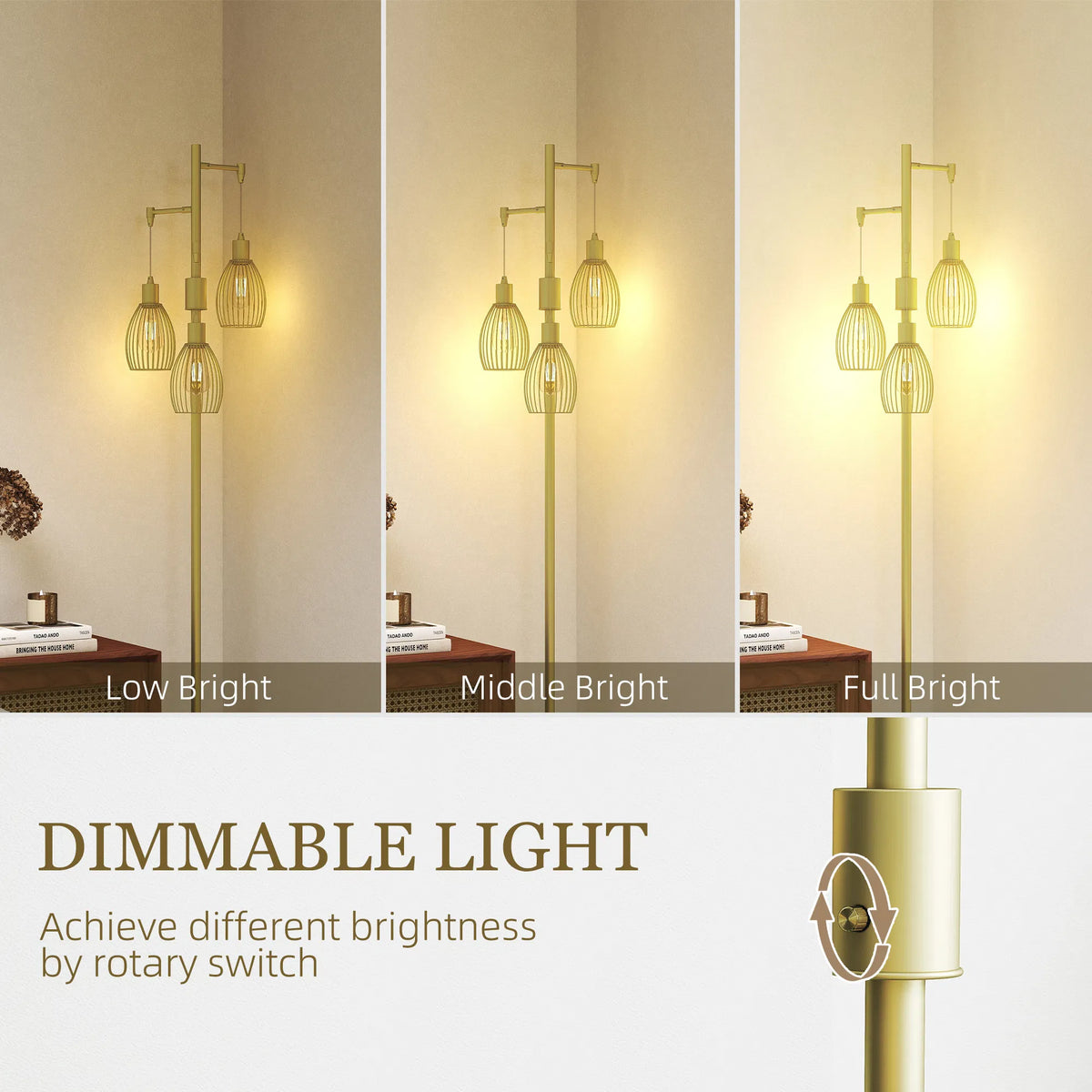 Industrial Floor Lamp with 3 Hanging Cage Shades, Dimmable, Gold – image 4