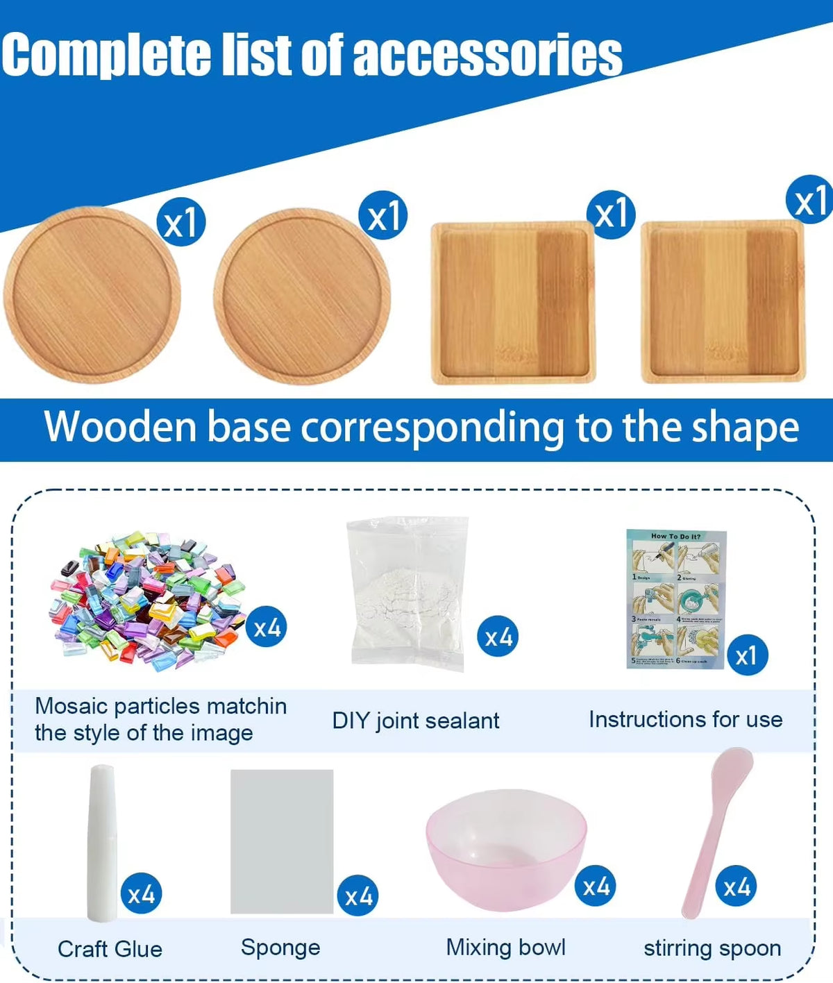 DIY Mosaic Coaster Kit – 4 Wooden Coasters with Glass Tiles – image 4