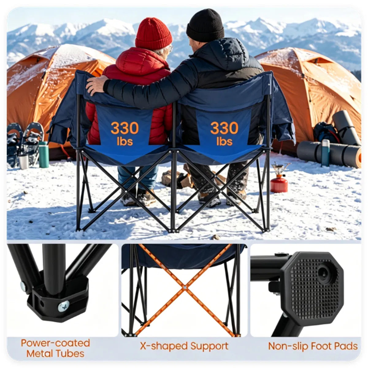 Heated Double Camping Chair, 2-Person Folding Loveseat with 3 Heat Levels, Navy – image 8