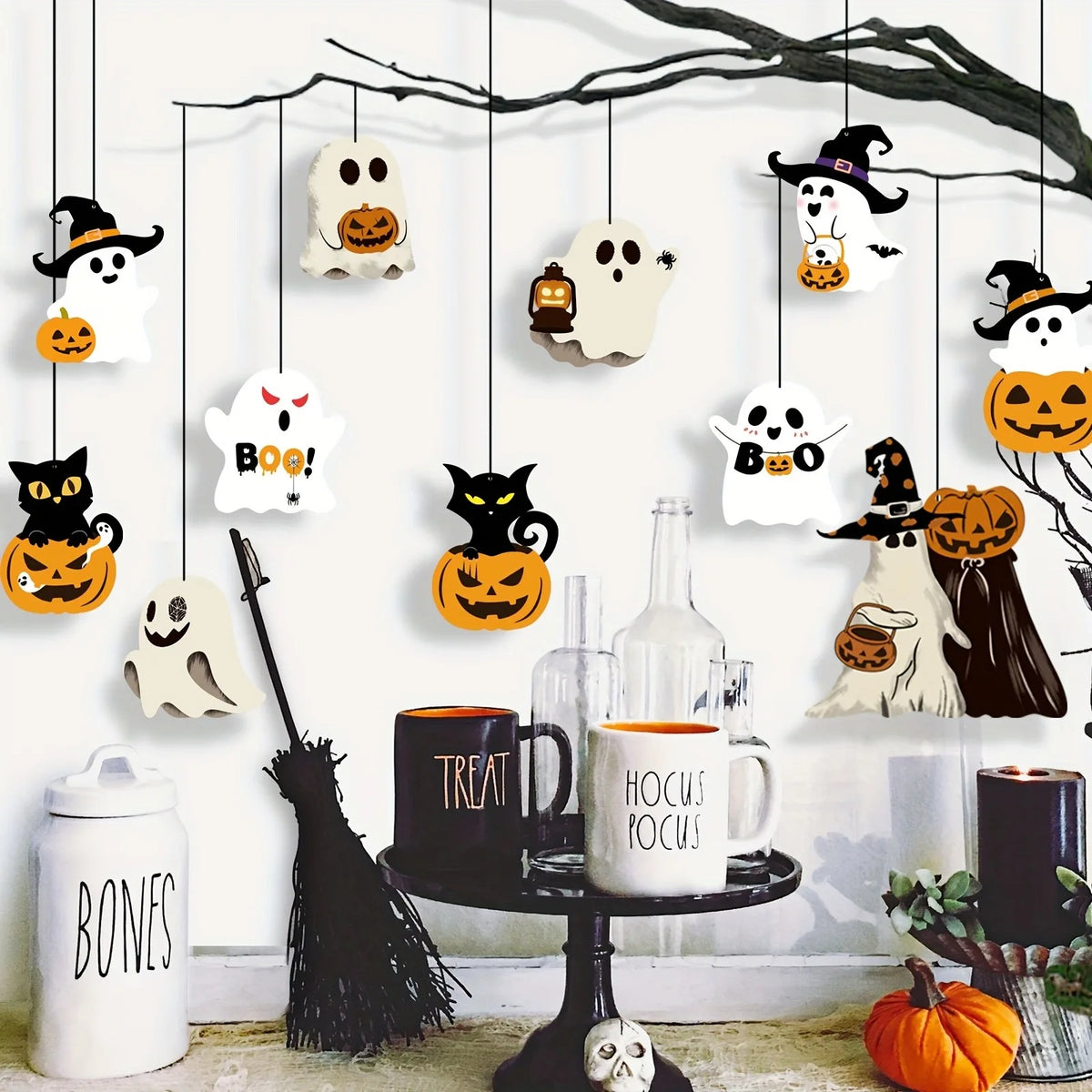Halloween Hanging Ornaments 12 Pcs – Ghost, Cat, Pumpkin, Witch Hat – image 4