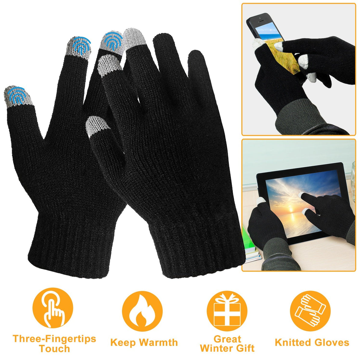 Touchscreen Knit Gloves – Unisex Full Finger Winter Gloves, Black