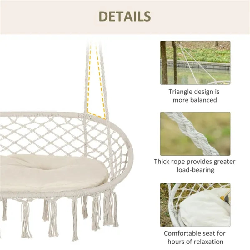 Two-Seat Macrame Hanging Hammock Chair With Cushion – image 7