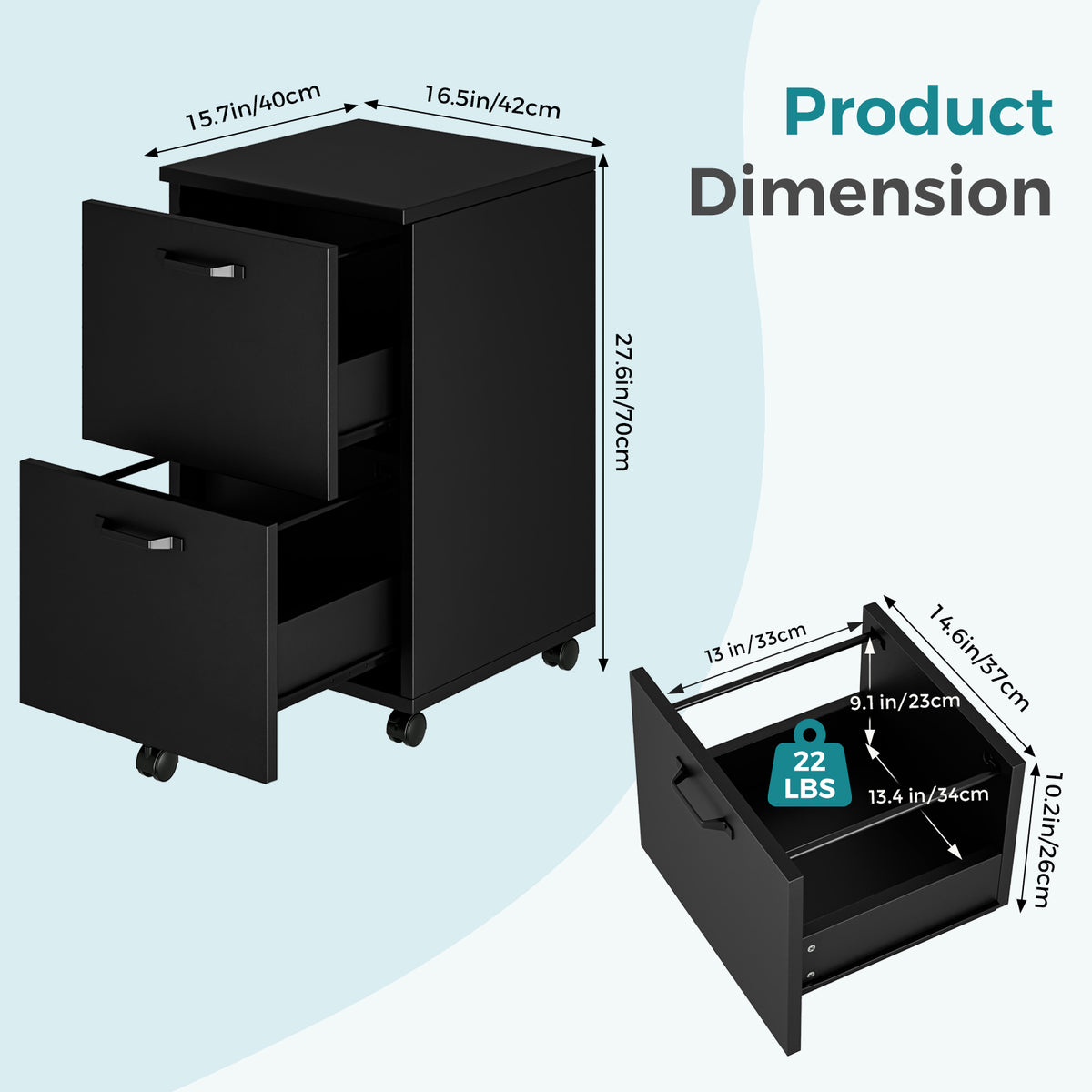 2-Drawer Filing Cabinet with Hanging Rack, Rolling Printer Stand – image 4