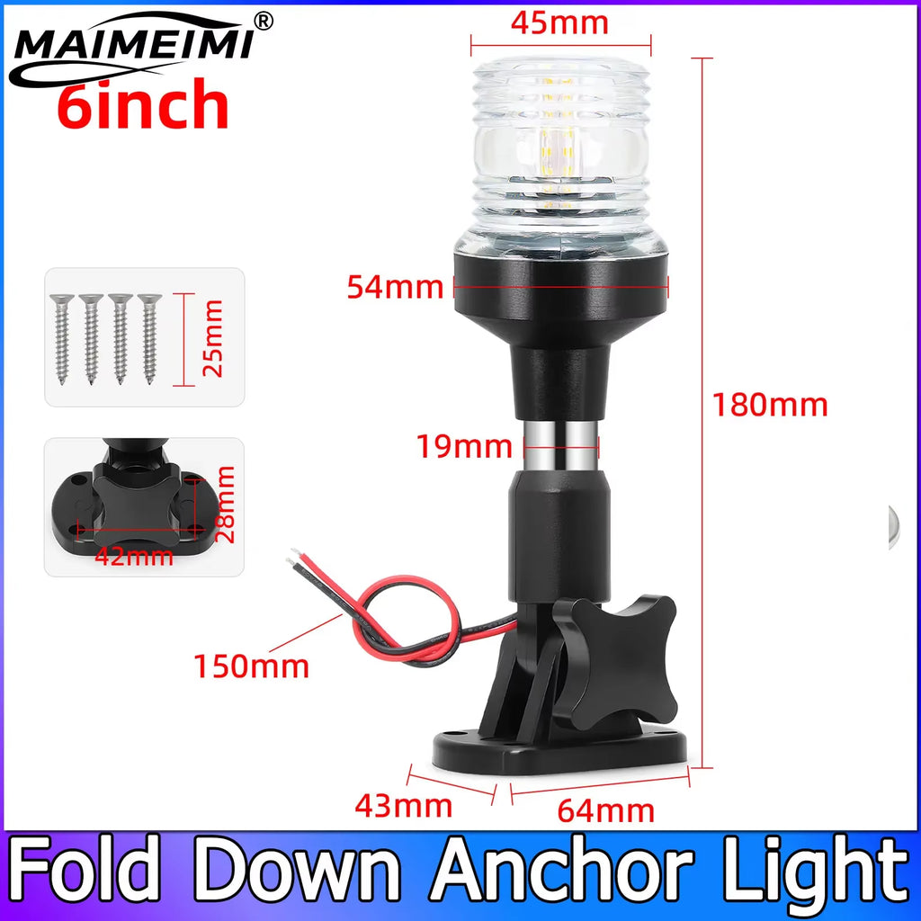 Fold Down LED Anchor Light for Boats, 12-24V, 6 to 12 Inch Pole