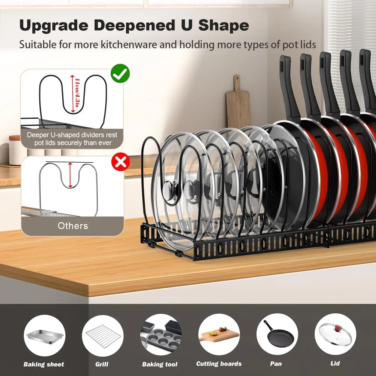 Pot and Pan Organizer Rack, Expandable with 10 Adjustable Dividers – image 3