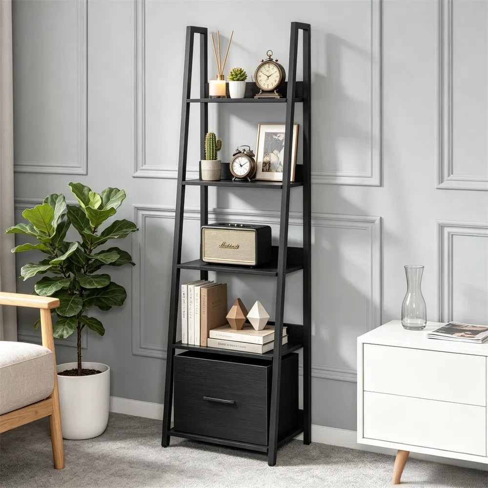 5-Tier Ladder Shelf with Fabric Drawer, Narrow Bookshelf, Black
