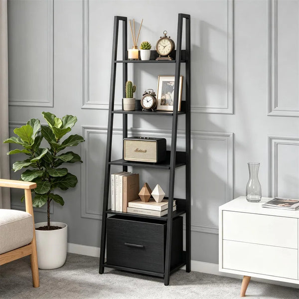 5-Tier Ladder Shelf with Fabric Drawer, Narrow Bookshelf, Black