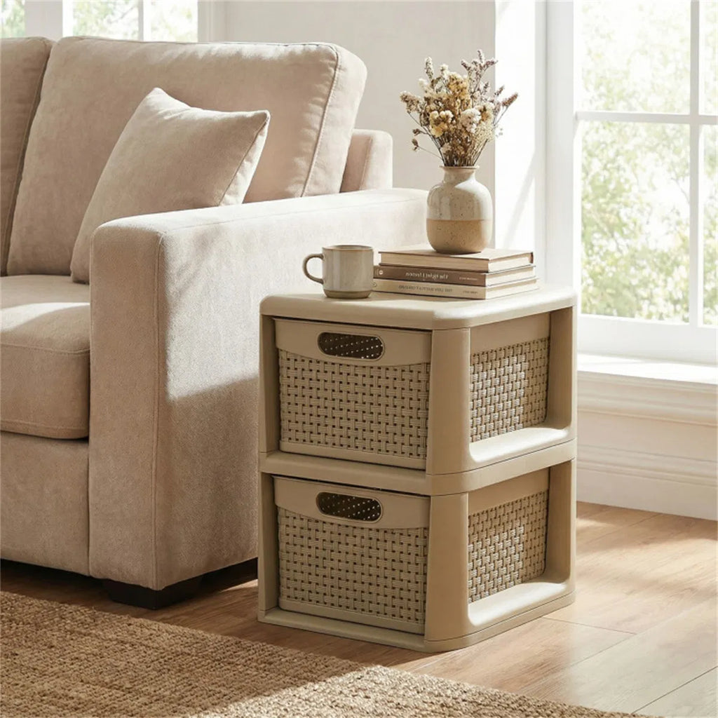 Narrow Storage Cabinet with 2 Wicker-Style Drawers – image 4