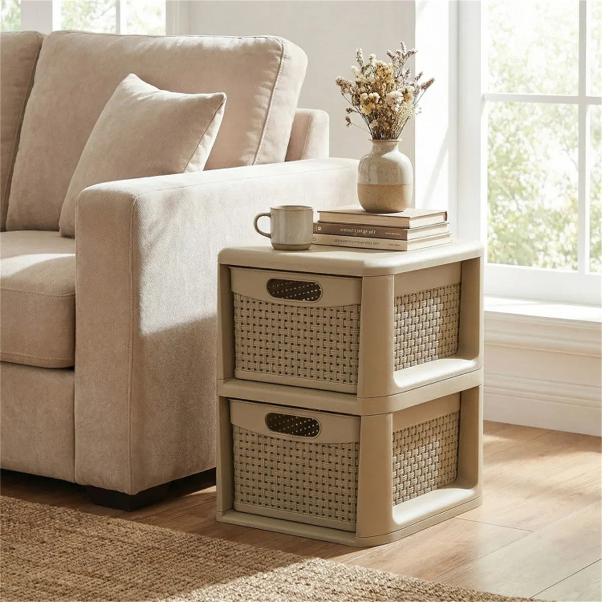 Narrow Storage Cabinet with 2 Wicker-Style Drawers – image 4