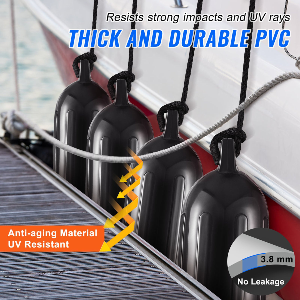 Inflatable Ribbed Boat Fenders 8.5 x 26 in, 4 Pack with Pump – image 3