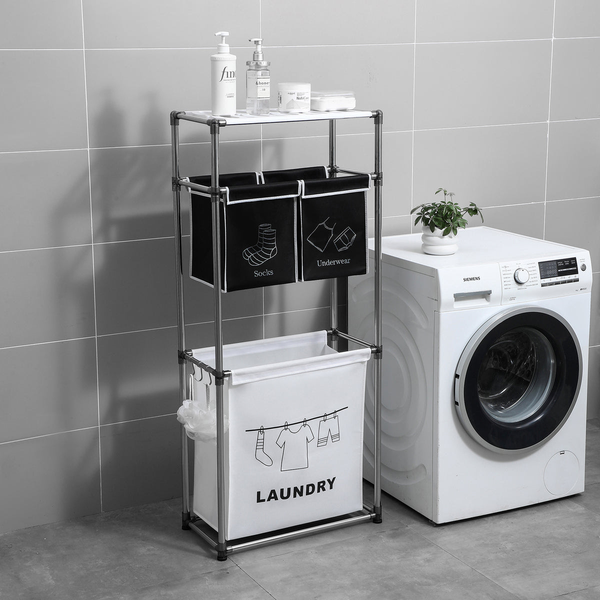 Laundry Sorter Shelf, 3-Tier with Removable Bags and Side Hooks