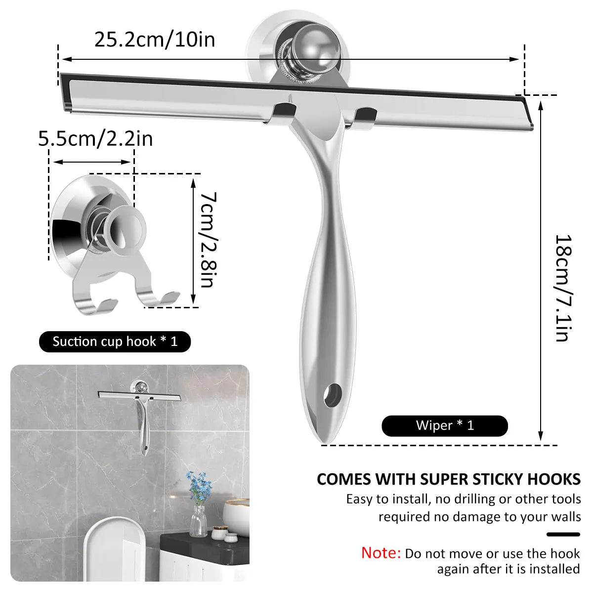 Shower Squeegee - Stainless Steel with Suction Cup Holder – image 4