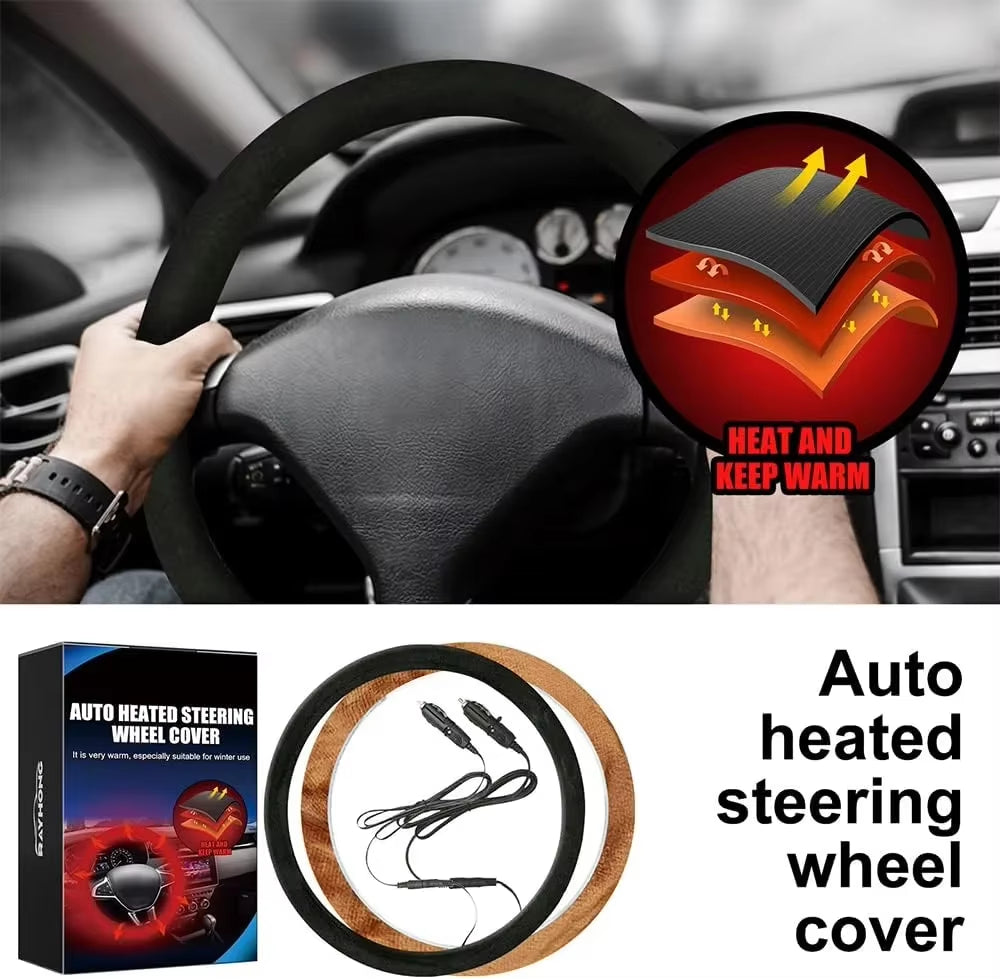 Heated Steering Wheel Cover 12V, Plush Winter Hand Warmer 15 in