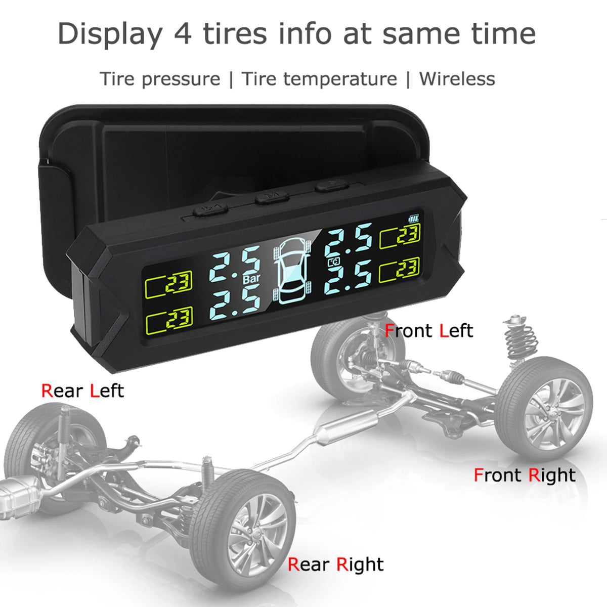 Solar Wireless TPMS - Tire Pressure Monitoring System with 4 Sensors & LCD Display