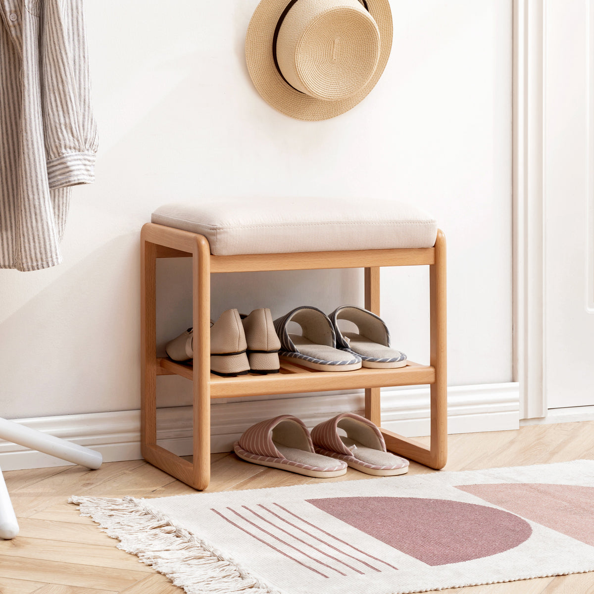 Solid Beech Wood Shoe Bench with Cushion, 2-Tier Entryway Seat – image 3