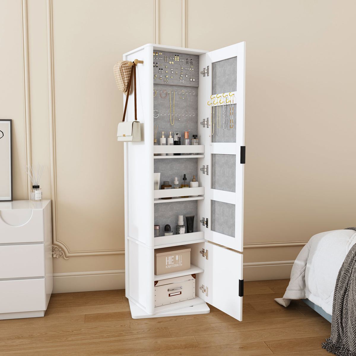4-in-1 Revolving Makeup Tower with Full Mirror, Hat Hooks and Shelves – image 3