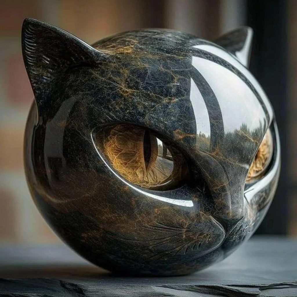 Black Cat Head Figurine - Marble-Texture Resin Desk Decor – image 2