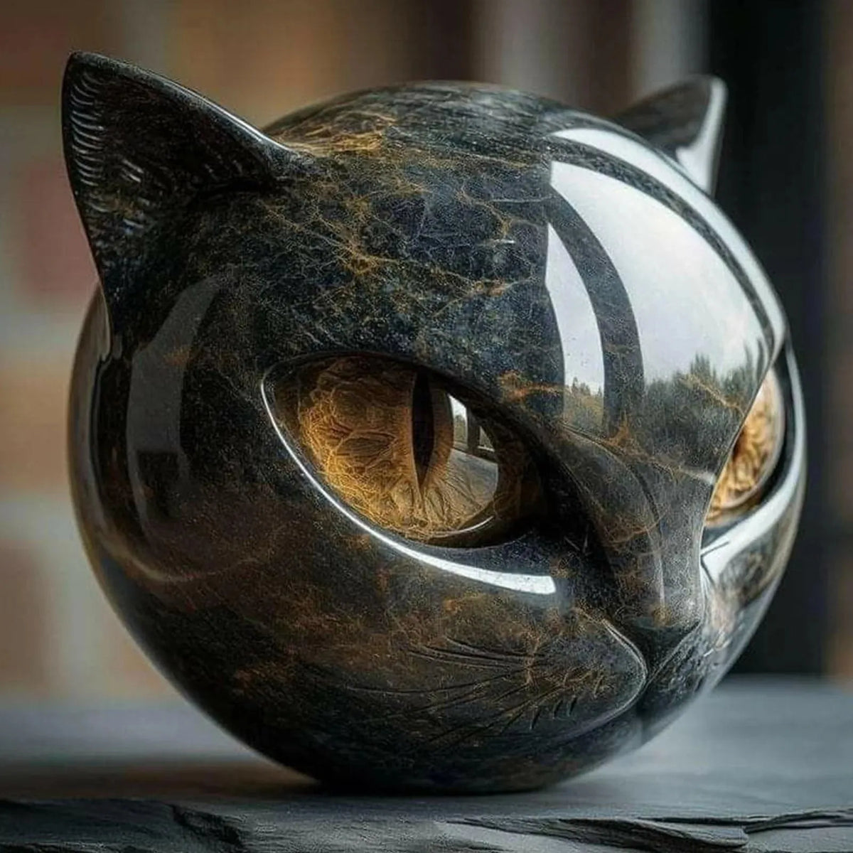 Black Cat Head Figurine - Marble-Texture Resin Desk Decor – image 2