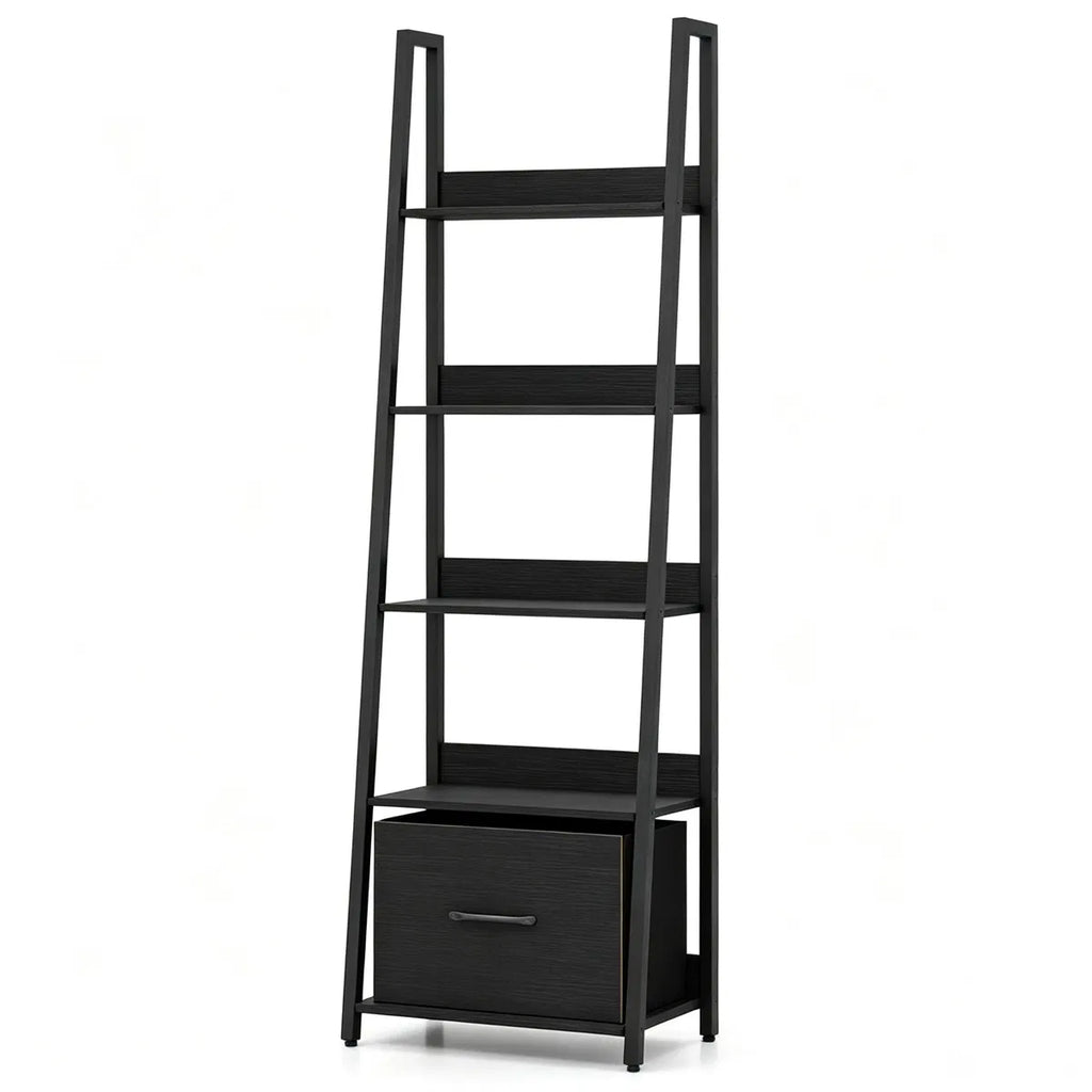 5-Tier Ladder Shelf with Fabric Drawer, Narrow Bookshelf, Black – image 4