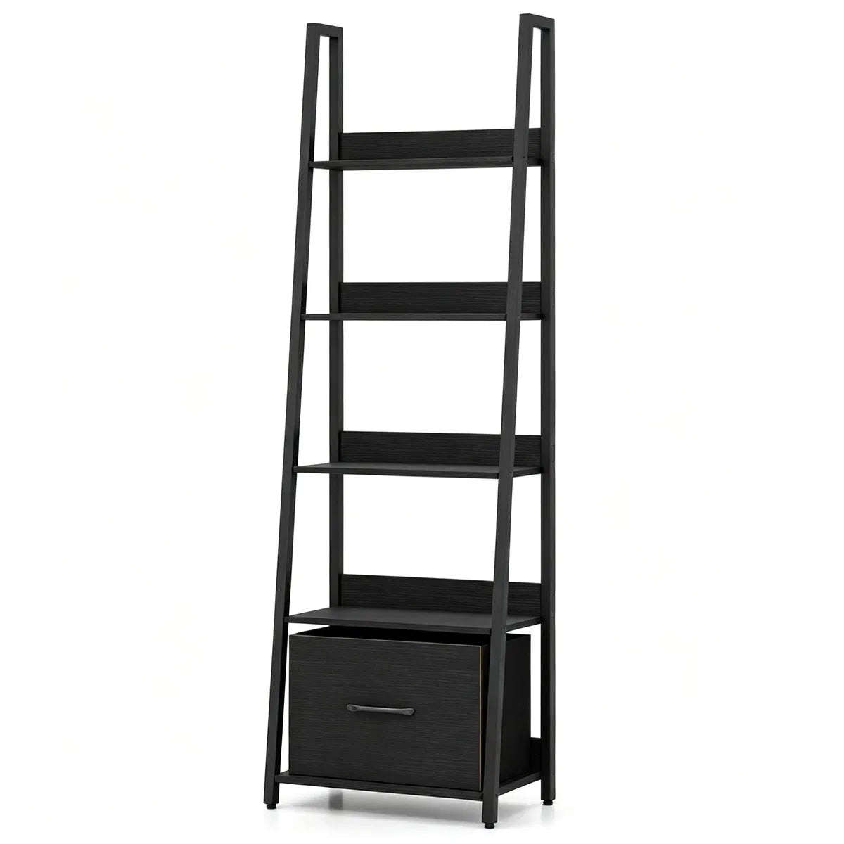 5-Tier Ladder Shelf with Fabric Drawer, Narrow Bookshelf, Black – image 4