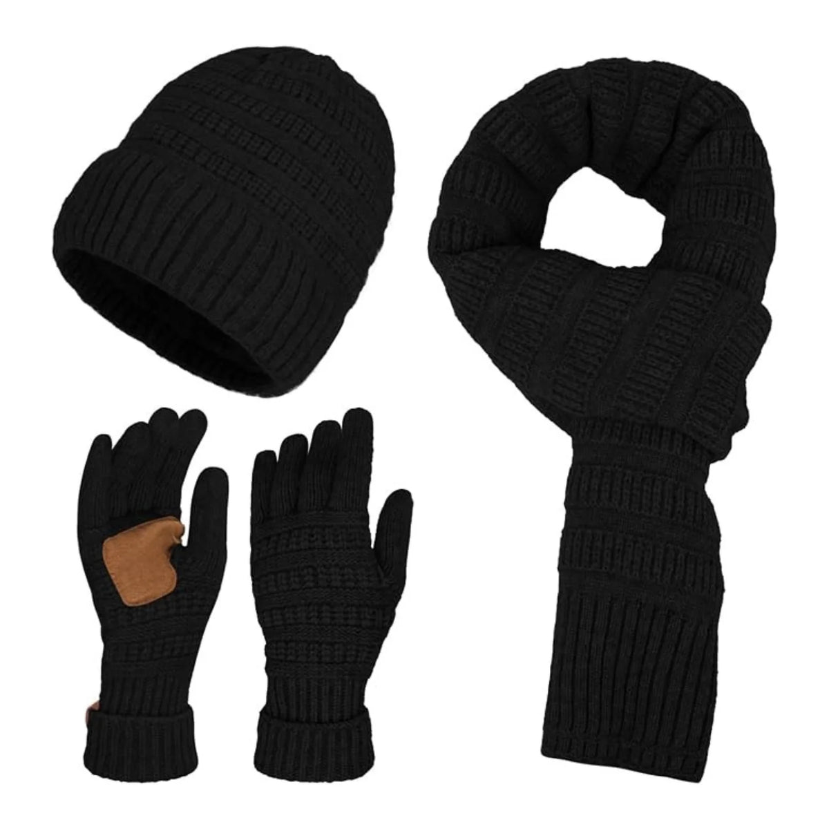 Winter Hat, Scarf & Gloves Set – Black Knit with Touchscreen Gloves