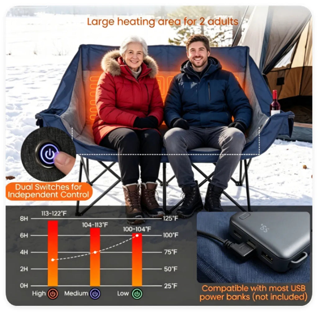 Heated Double Camping Chair, 2-Person Folding Loveseat with 3 Heat Levels, Navy – image 10