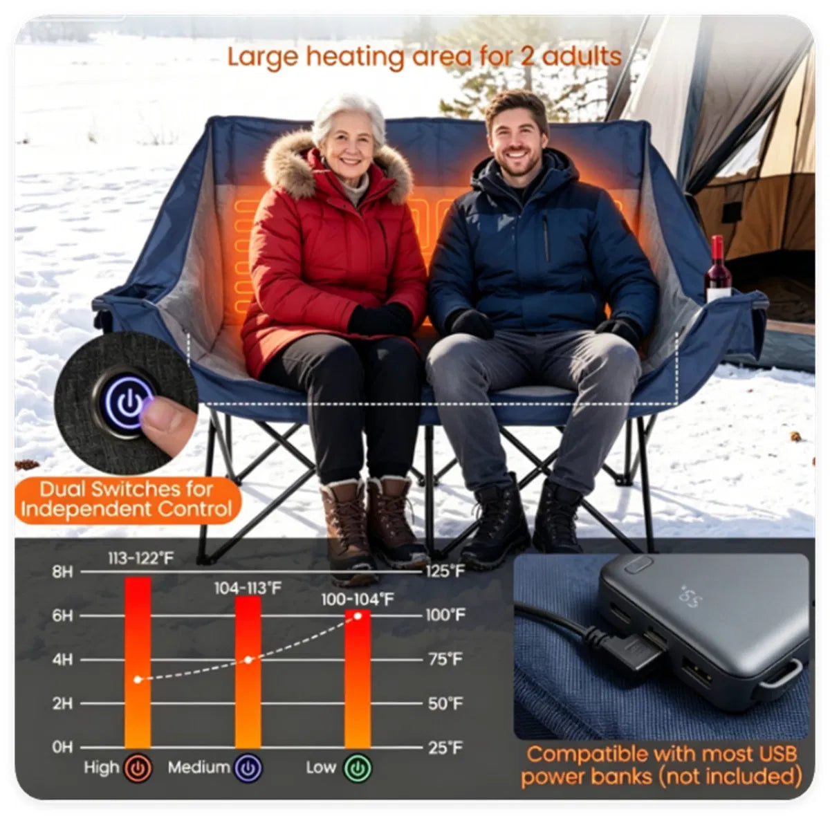 Heated Double Camping Chair, 2-Person Folding Loveseat with 3 Heat Levels, Navy – image 10