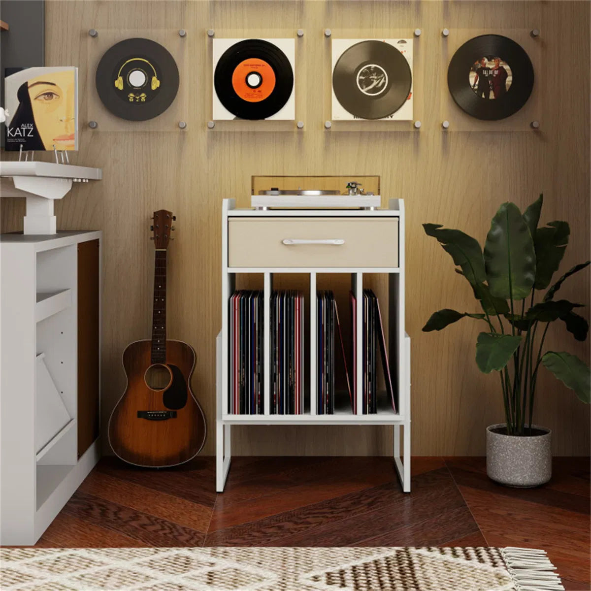 Record Player Stand with Vinyl Storage and Fabric Drawer – White