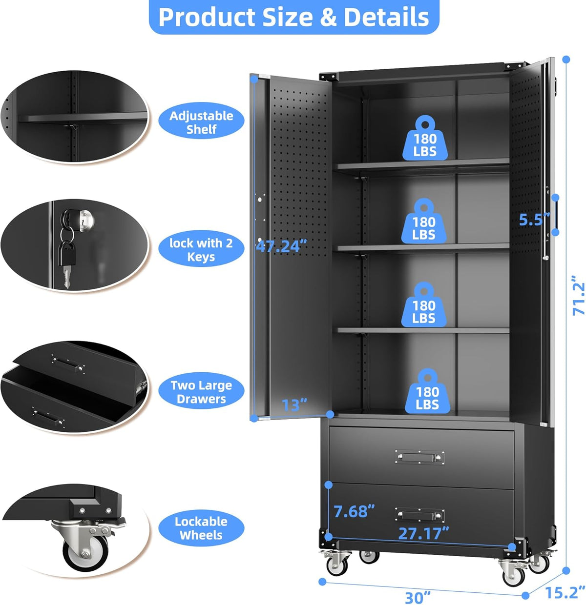 Rolling Steel Storage Cabinet with 2 Locking Doors and 2 Drawers – image 5