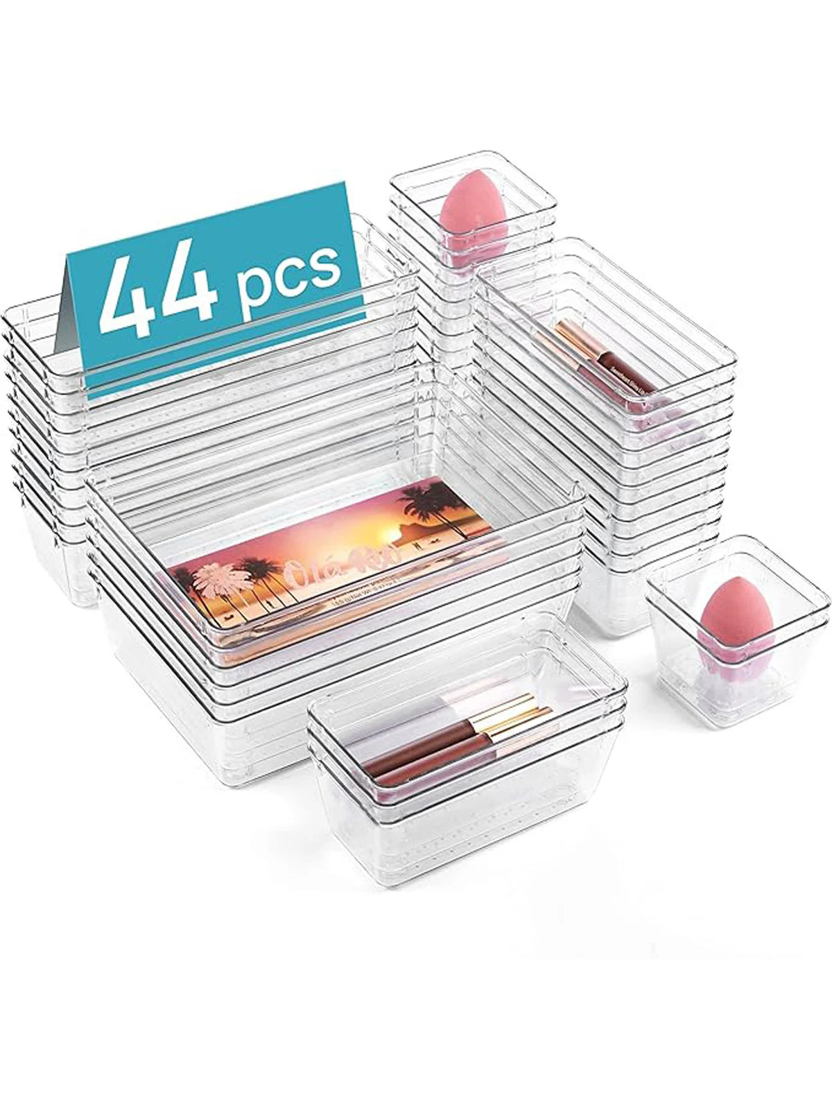 Drawer Organizer Set 44-Piece Clear Plastic Divider Trays