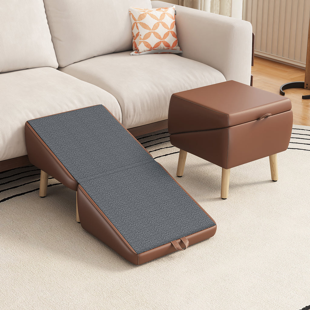 Dog Stairs and Ramp 2-In-1, Wooden Ottoman Pet Steps for Couch, Brown