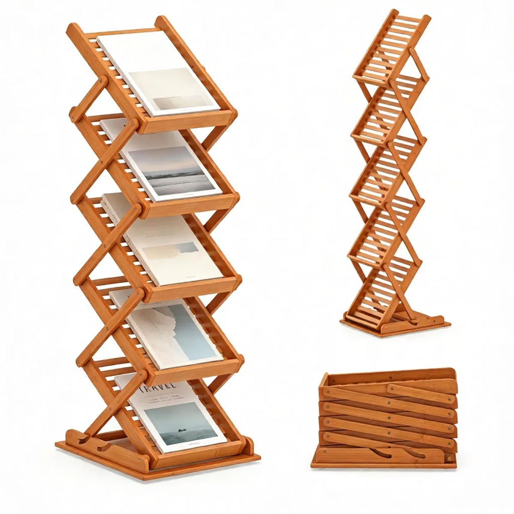 Foldable Bamboo Magazine Rack, 5-Pocket Brochure Display Stand, Walnut – image 2