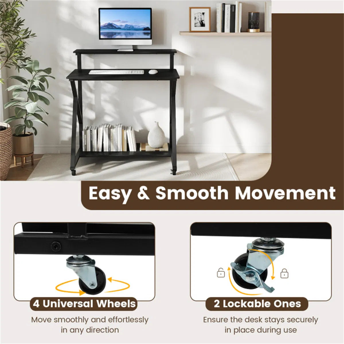 Rolling Computer Desk 32 in with Power Strip and Monitor Shelf – image 8