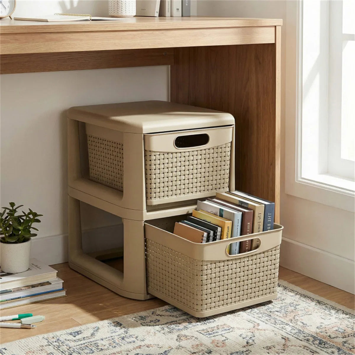 Narrow Storage Cabinet with 2 Wicker-Style Drawers – image 3