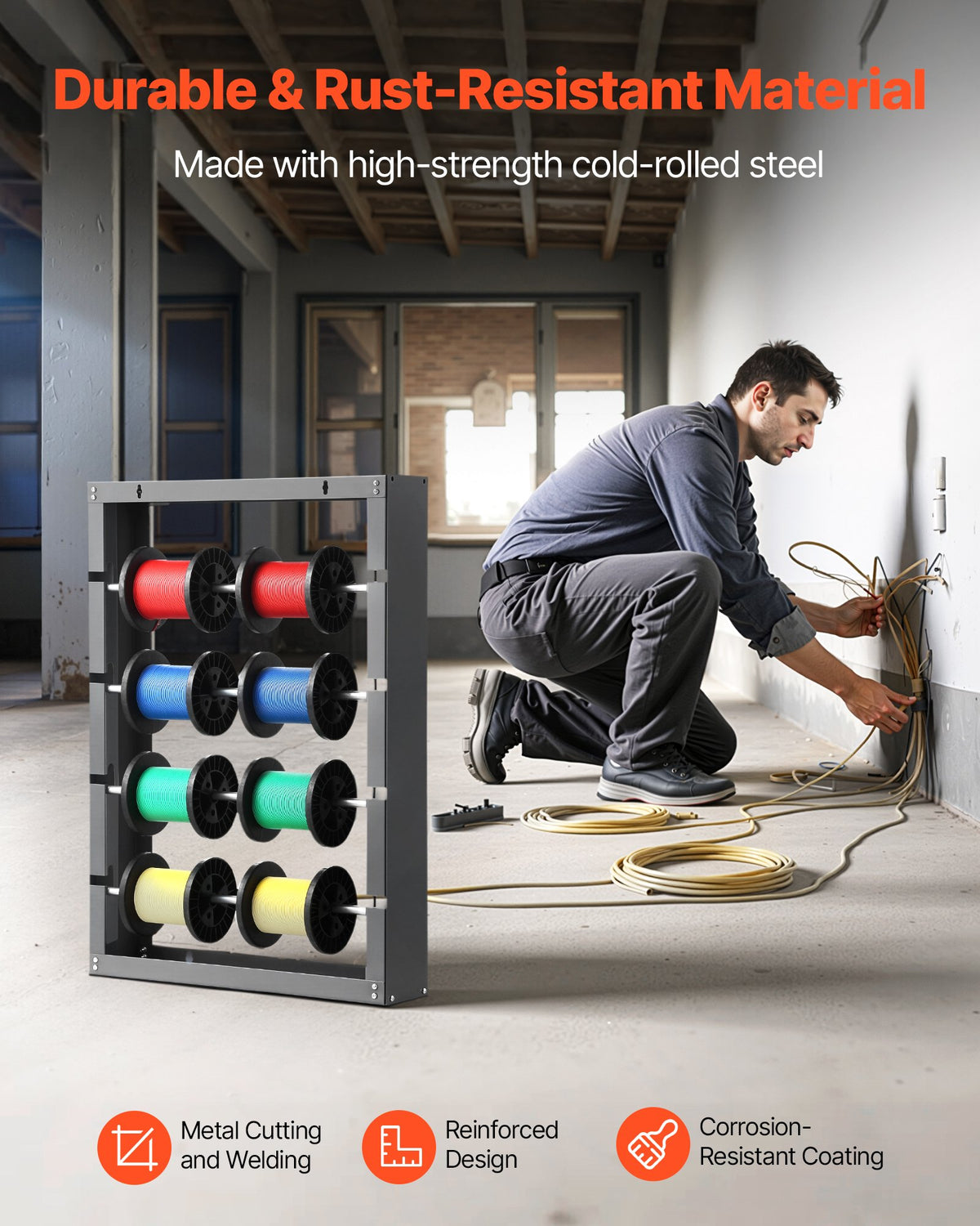 Wall Mounted Wire Spool Rack, 4 Rods, 150 lb Capacity – image 5