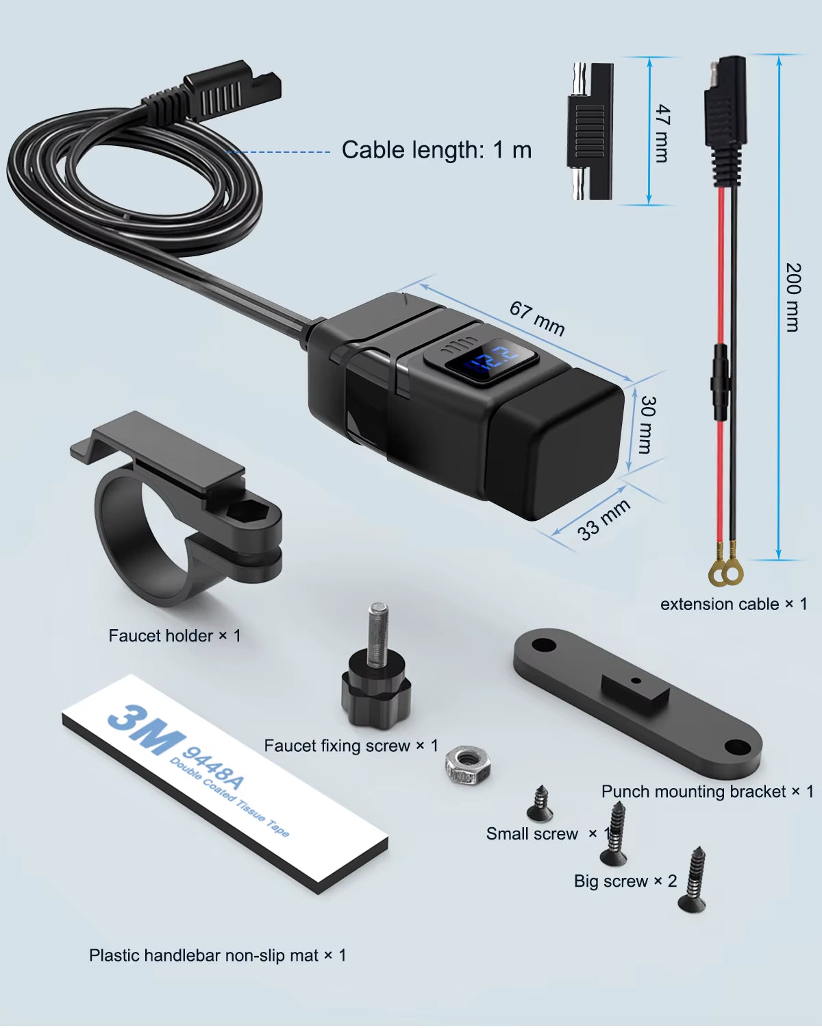 Motorcycle Dual USB Charger with Voltmeter, Waterproof 12V Handlebar Mount – image 6