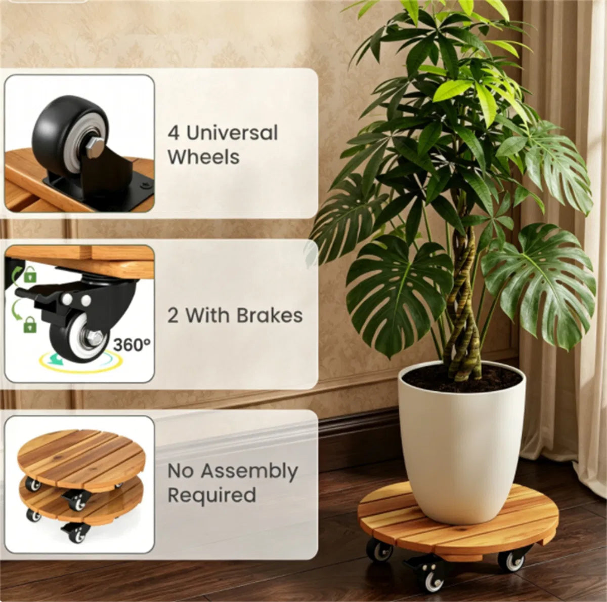Rolling Plant Caddy Set of 2, 12 in Acacia Wood Pot Mover with Wheels – image 7