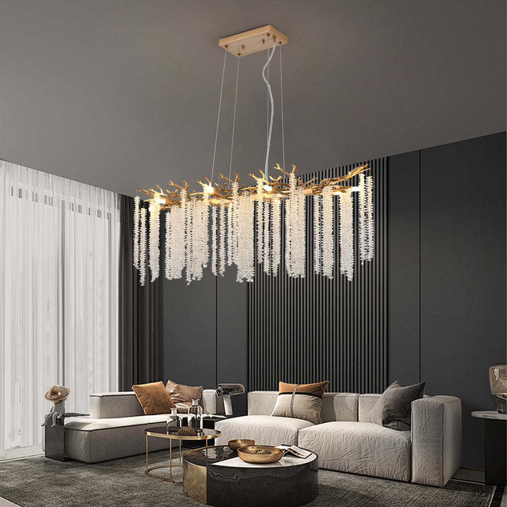 39 Inch Gold Crystal Chandelier with Cascading Strands, 8-Light