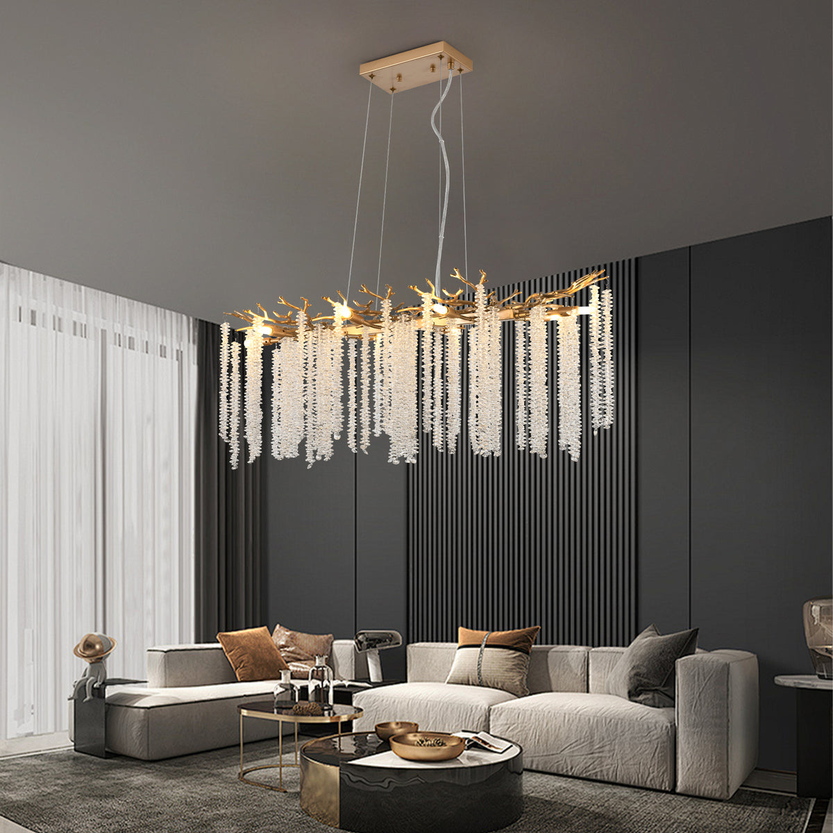 39 Inch Gold Crystal Chandelier with Cascading Strands, 8-Light